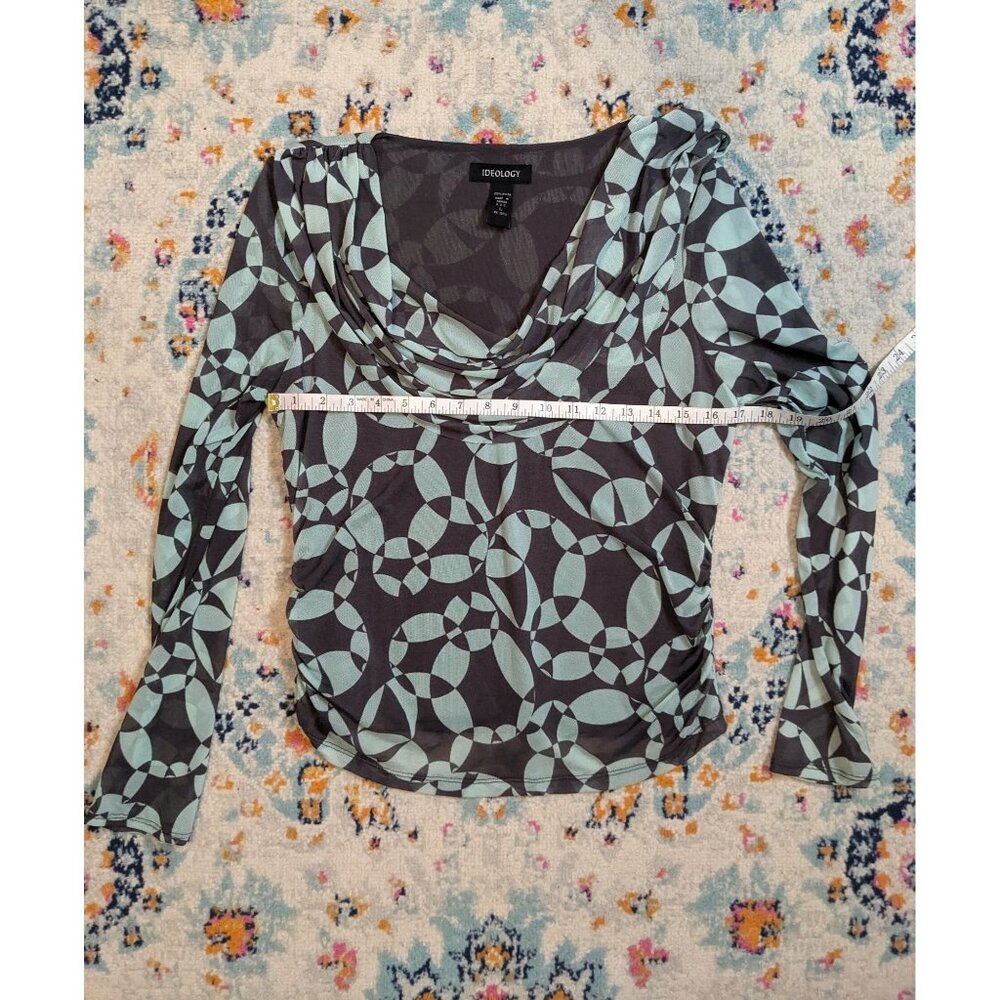 y2k Ideology Cowl Neck Abstract Print Mesh Long‎ Sleeve Top - L - Picture 6 of 9